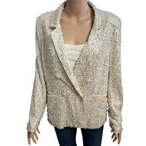 Anthropologie Mabel Pearl Sequin Blazer Small Double Breasted Cream Silver